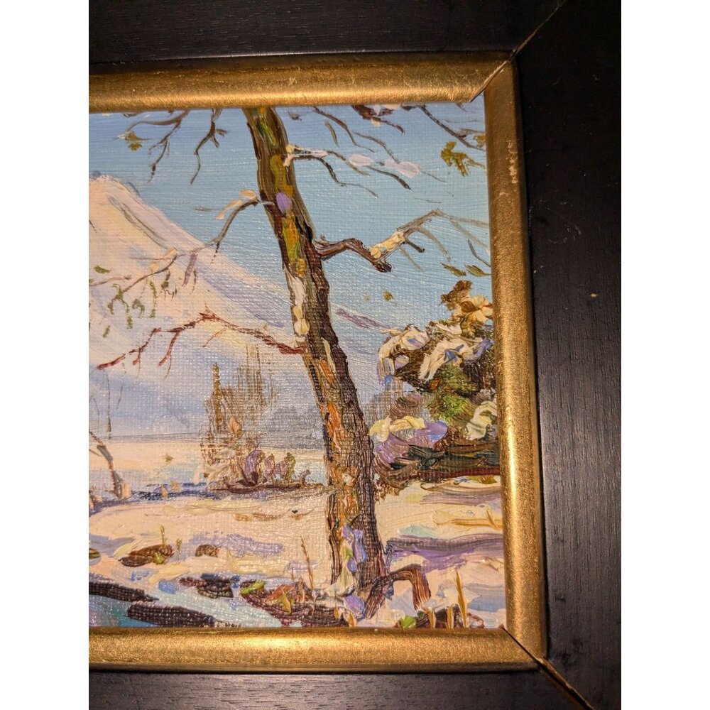 Set Of 4 Hand-Painted Mount Fuji Seasonal Scenes in Black & Gold Wooden Frames - Picture 10 of 16